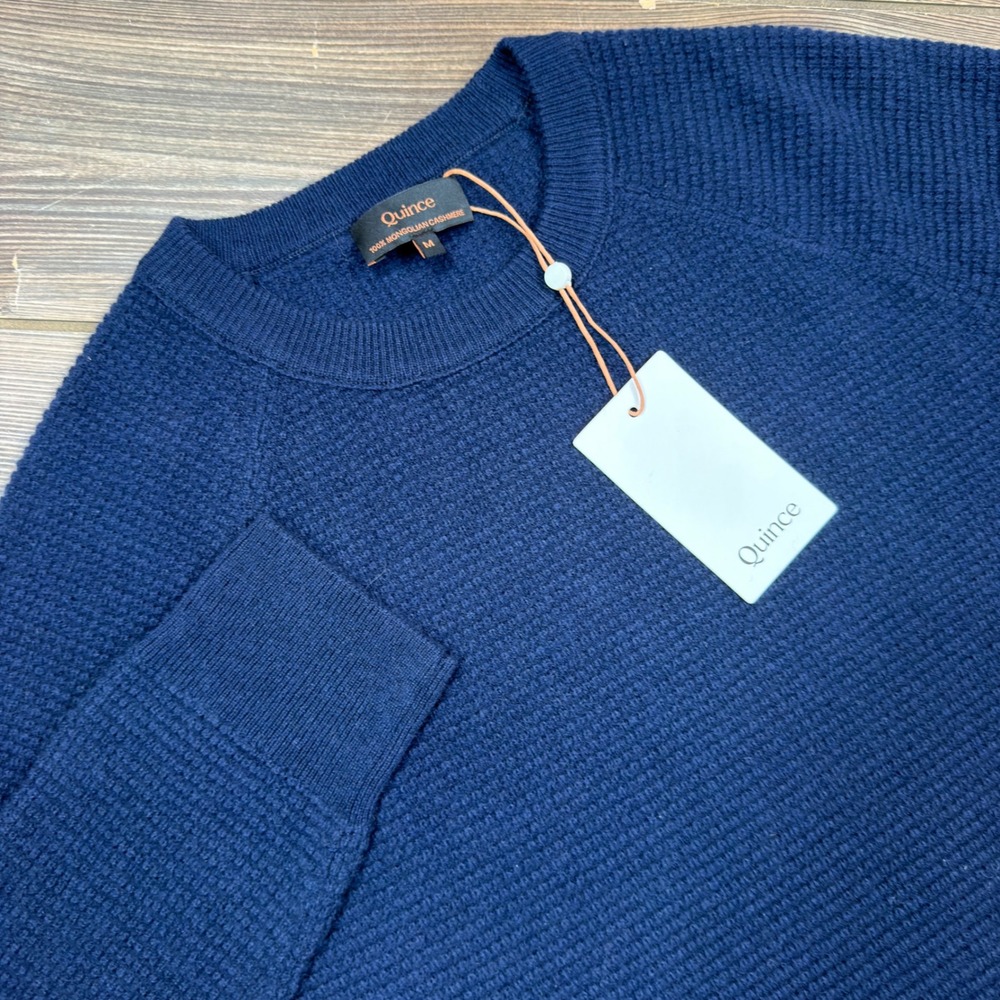 Quince Women MEDIUM Cashmere Waffle Sweatshirt Navy Blue Raglan Crew Neck NWT